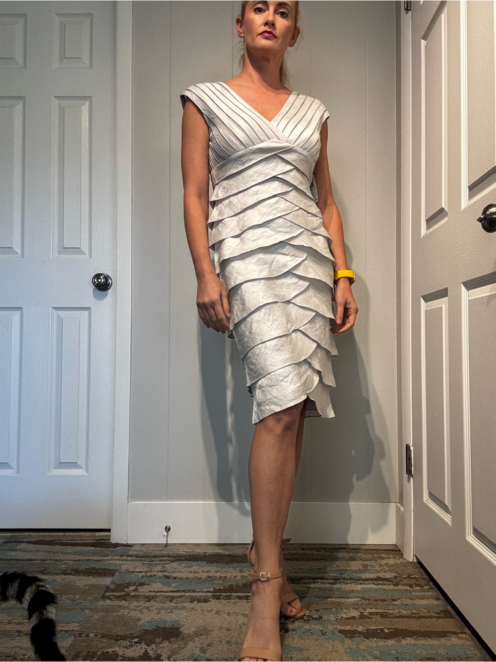 Adrianna Papell Silver Tiered V-Neck Cocktail Dress